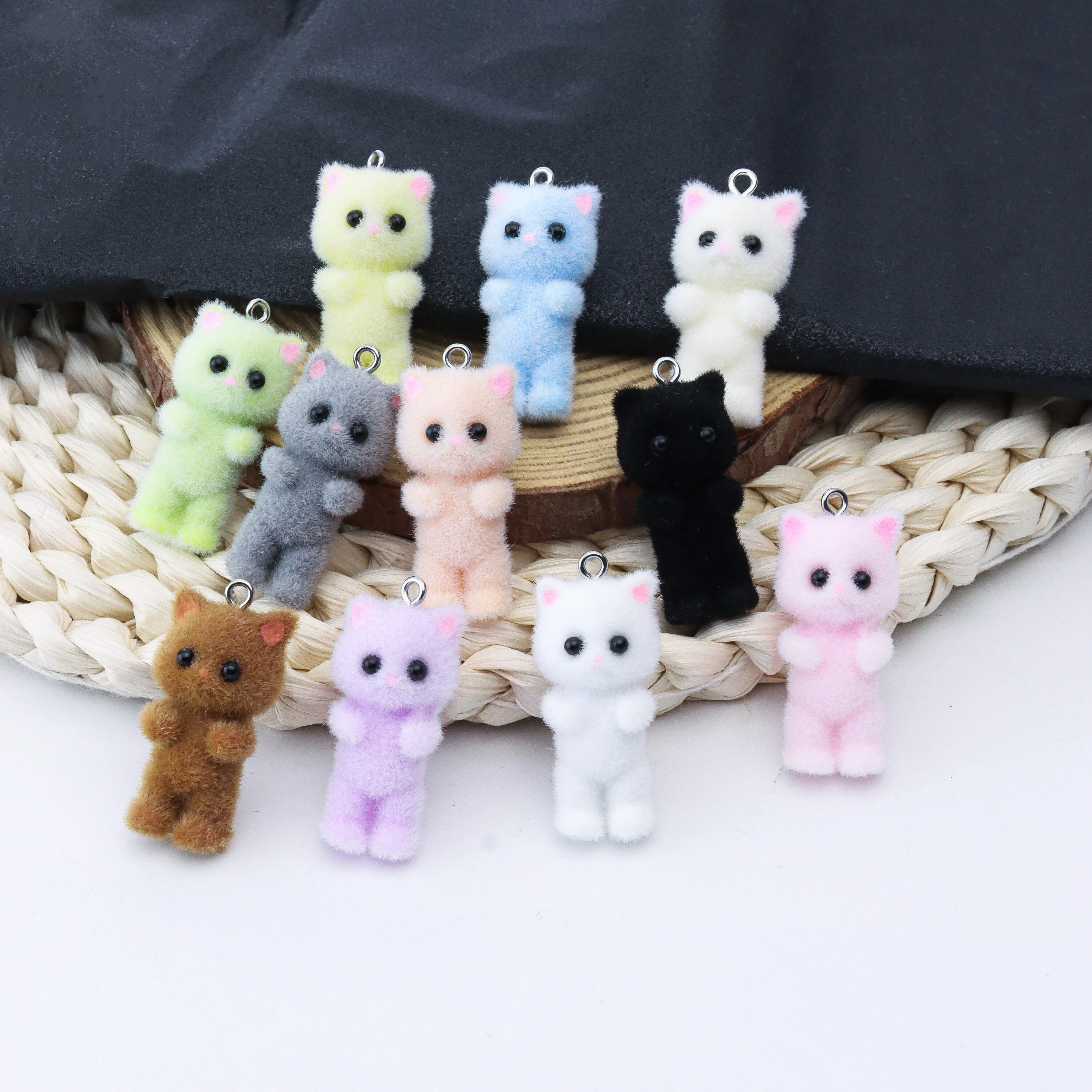 33PCS Cat Pendant Kawaii 3D Fluffy Flocking Animal Cat Charms Miniature Dolls Keychain Necklace Pendant DIY Crafts Jewelry Make
