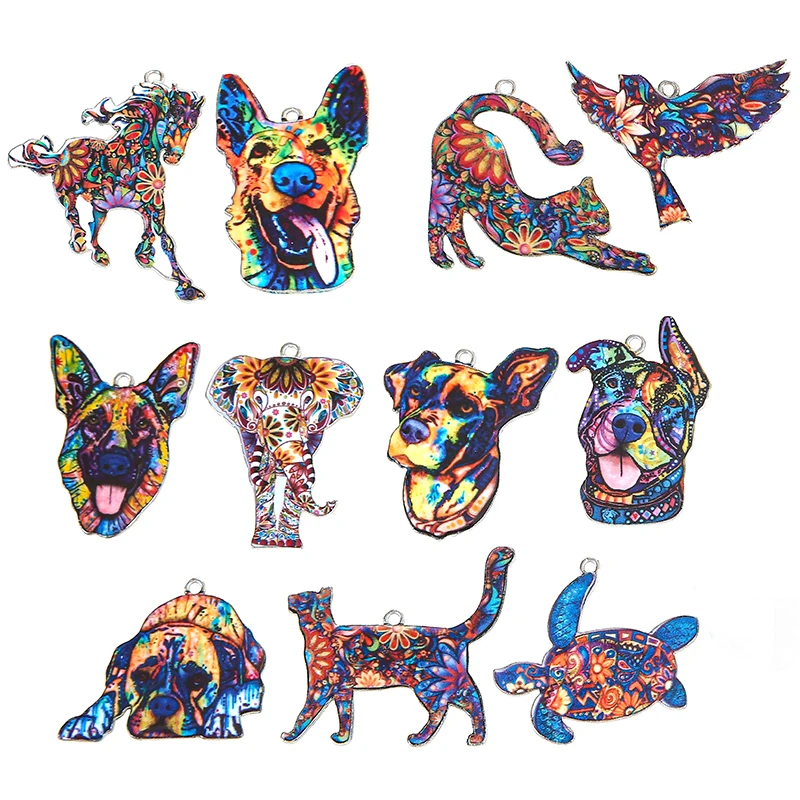 New Colorful 10Pcs Mixed Cat Dog Animal Charm Bracelets Elephant Tiger Tortoise Enamel Pendant Necklace Diy Accessories Jewelry