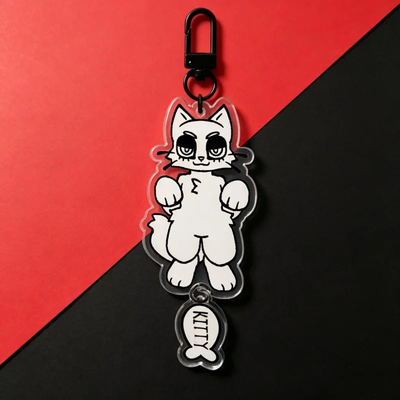 Kitty Furry Acrylic Keychain Cute Anthro Cat Charm With Fish Dangle Pendant Double Sided Printed Bag Charm Gift For Fans