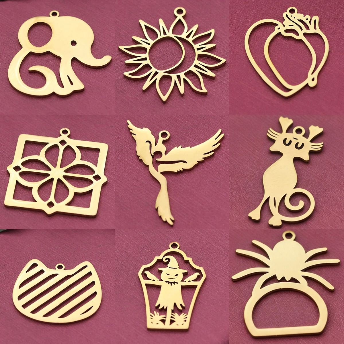 3pcs Stainless Steel Hollow Animal Charms Sun Moon Cat Phoenix Floral Pendant for DIY Jewelry Making Necklace Earrings Wholesale