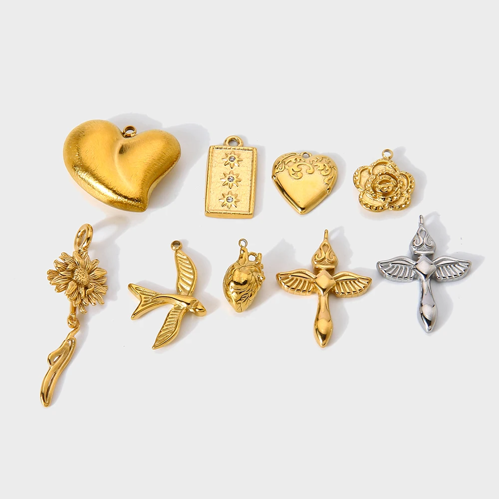 Vintage Heart Floral Swallow Pendant 18K Gold Plated Stainless Steel Waterpoof Fashion Charms DIY Jewelry Making Finding