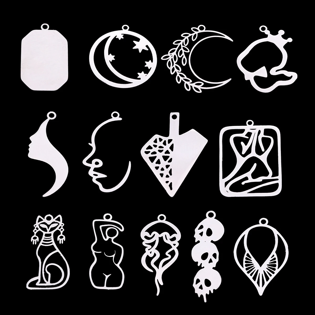 3pcs Stainless Steel Line Art Charms Cat Moon Star Female Figure Pendant for DIY Jewelry Making Earrings Necklace Findings