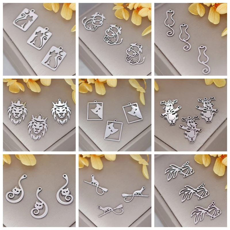 3pcs Cute Kitten/Cow/Deer Charms for Jewelry Making Art Line Bracelets Stainless Steel Pendant Fish Cat Lion Animal diy Supplies