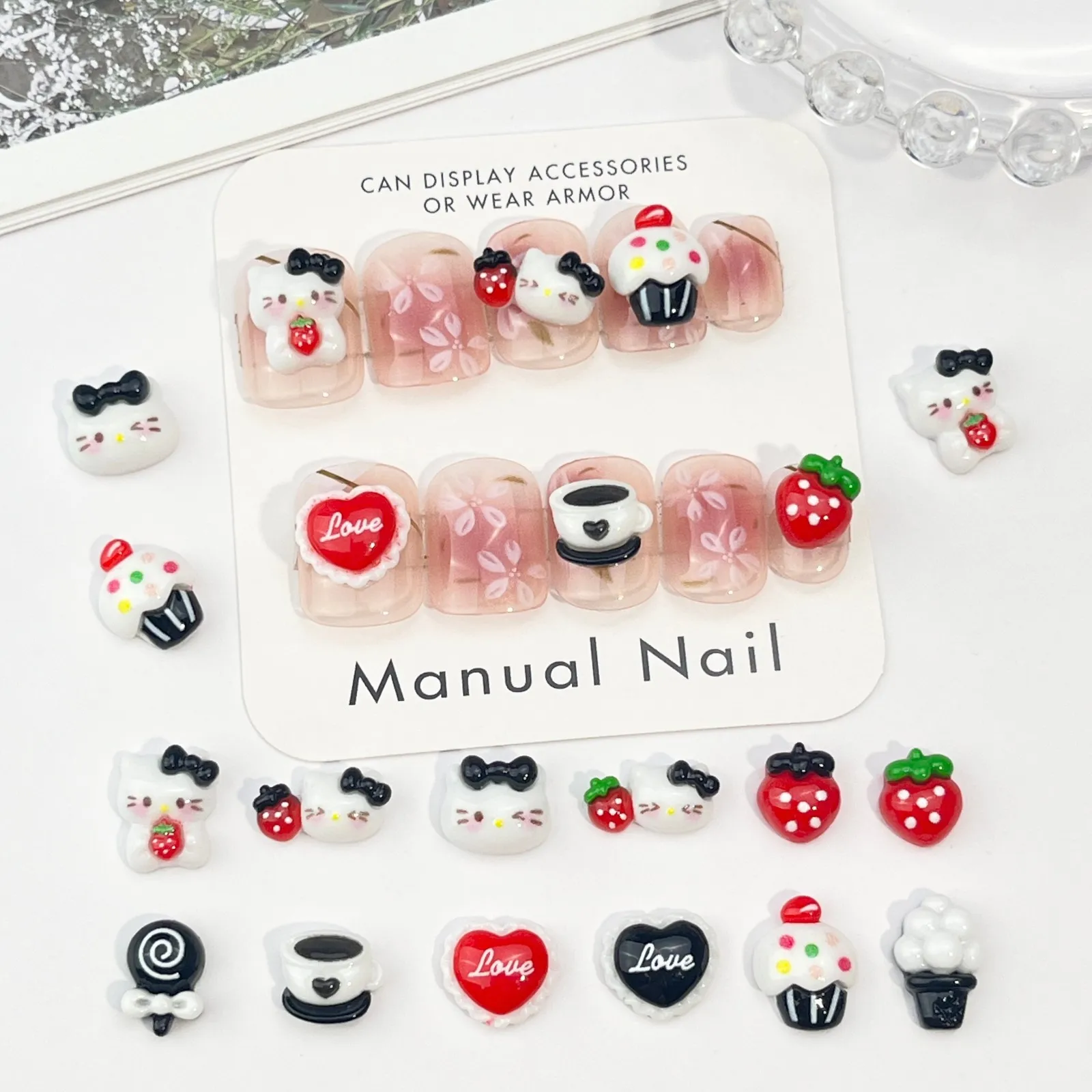 30Pcs/Pack Strawberry KT Kitty Ice Cream Nail Charms - Cute 3D Heart Cat Press-On Nail Decor, Sweet DIY Manicure Accessories