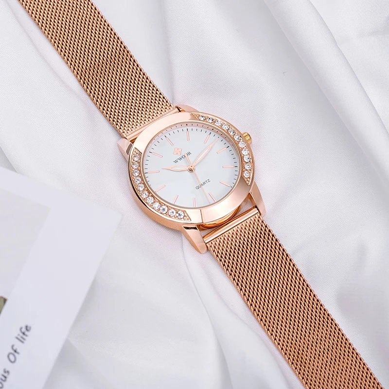 WWOOR Women Watches Luxury Rose Gold Fashion Diamond Ladies Watch Female Dress Casual Mesh Steel Woman's Wristwatch Reloj Mujer