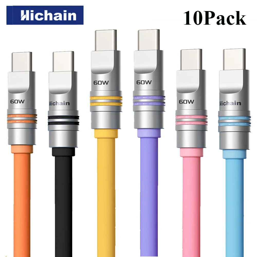 Hichain Wholesale 10pack PD60W USB C To C Fast Charging Cable Liquid Silicone Soft Phone Charger Cable For iphone For Xiaomi