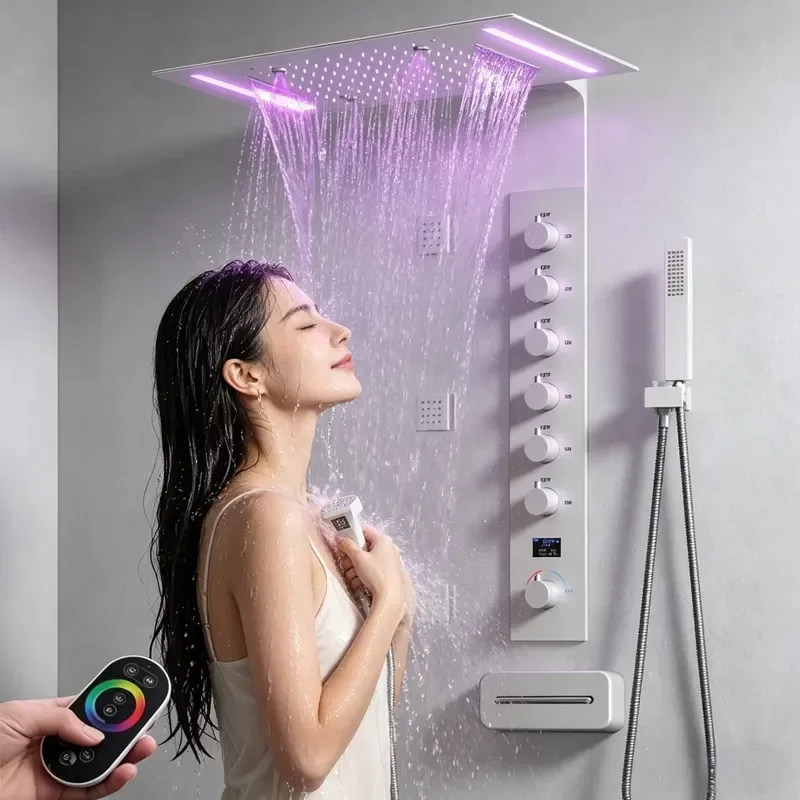 Luxury Smart Ceiling Shower System LED Thermostatic Rainfall Waterfall Massage Jets Full Body Set Bathroom Fixtures Black
