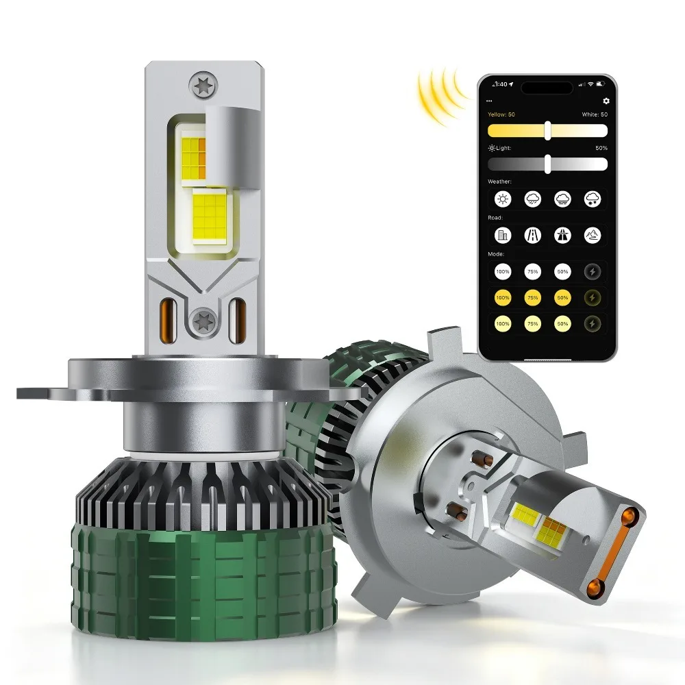 H4 HB2 9003 LED Headlight Bulbs 12V 85W 3000K 4300K Dual Copper Tube Smart APP Control