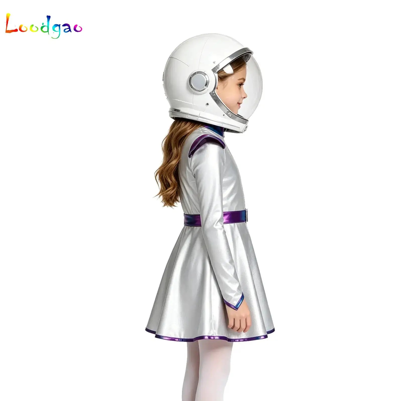 Kids Girls Alien Robot Costume Flying Sleeve Metallic Shiny Dress for Halloween Outer Space Astronaut Party Cosplay Dress Up