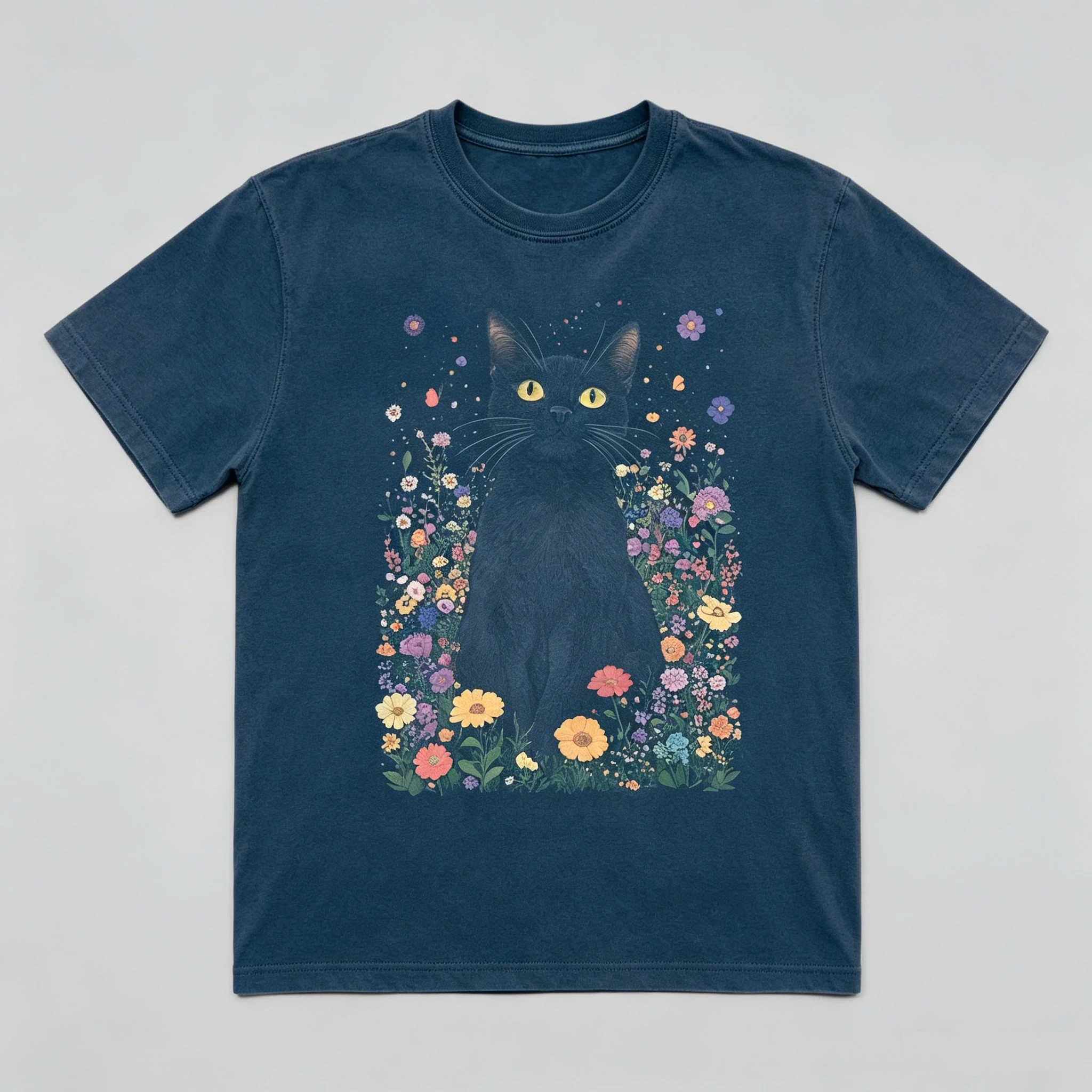 Custom Women Black Cat T Shirt Boho Flower Print Vintage Pure Cotton Short Sleeve Stylish Loose Daily Casual Top Gift