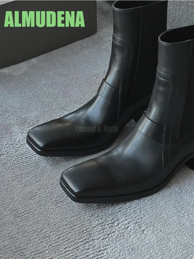 Square Toe, Middle Heel Motorcycle Boots Fashionable Trendy Men Women's Minimalist Leather Splicing Design Sleeve Short Boots
