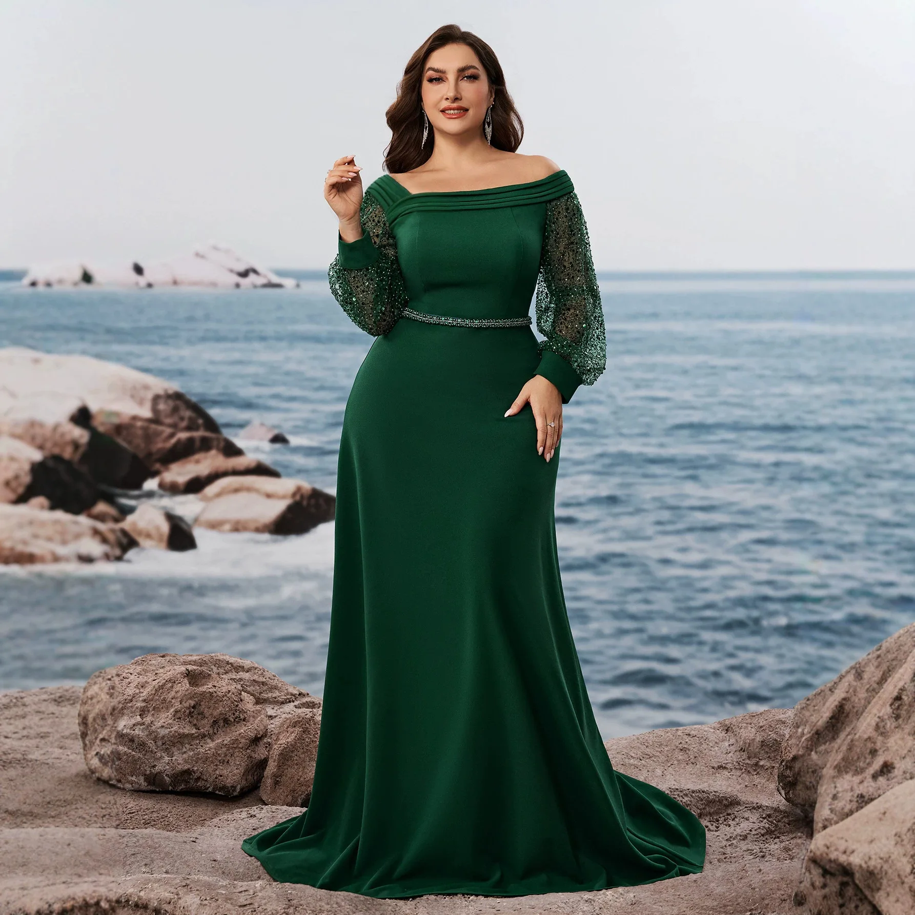 Off Shoulder Sequin Mesh Lantern Sleeve Plus Size Mermaid Gown Emerald Green Rhinestone Waistband Floor Length Prom Dress