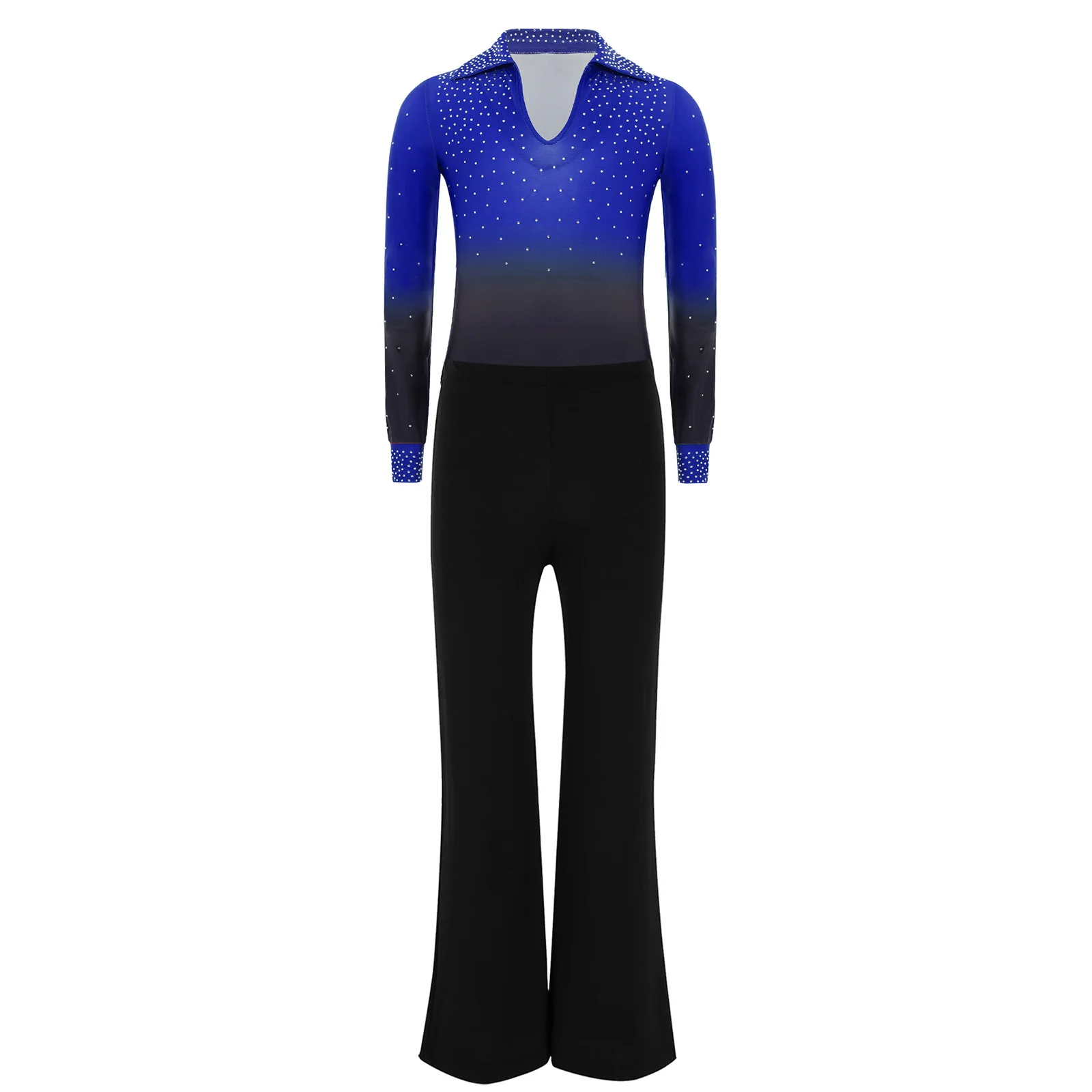Kids Boys Jazz Latin Dance Outfit Shiny Rhinestones Gradient Color Turn-Down Collar Long Sleeve Leotard with Pants Disco Costume