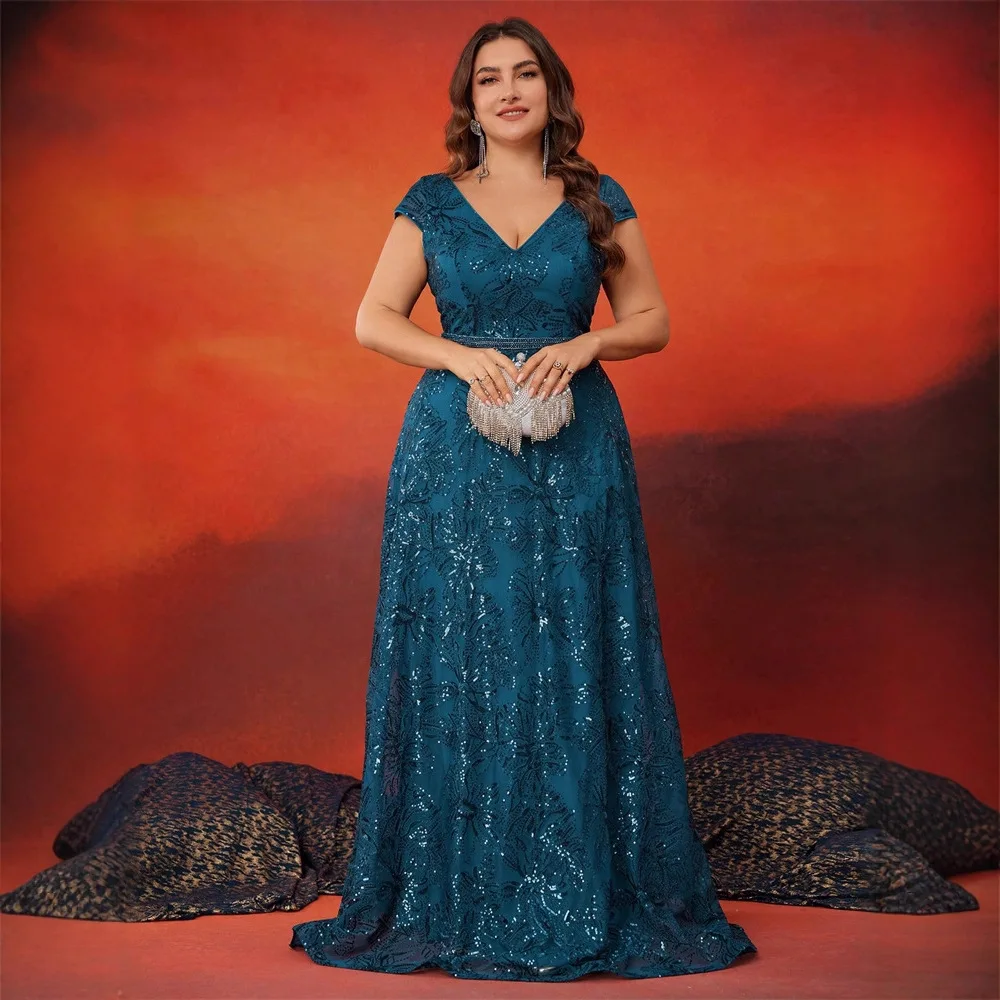 V Neck Cap Sleeve Botanical Leaf Sequin Mesh A Line Gown Teal Plus Size Rhinestone Waist Belt Gala Cocktail Long Dress