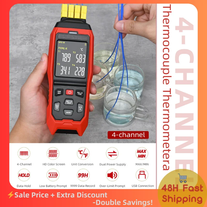4-Channel K/J/T Thermocouple Thermometer,High Precision Handheld USB Data Logger 5000 Data Records for HVAC and Appliance Repair