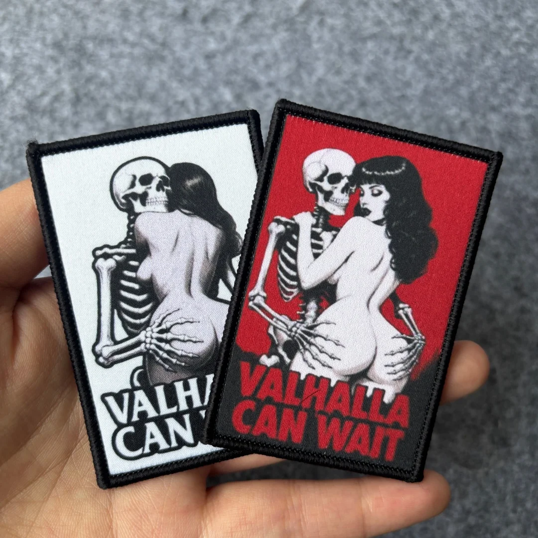 Valhalla Can Wait Patch Skeleton Pin-up Girl Tactical Morale Badge Hook Loop Army Emblem Airsoft Vest Backpack Jacket Applique