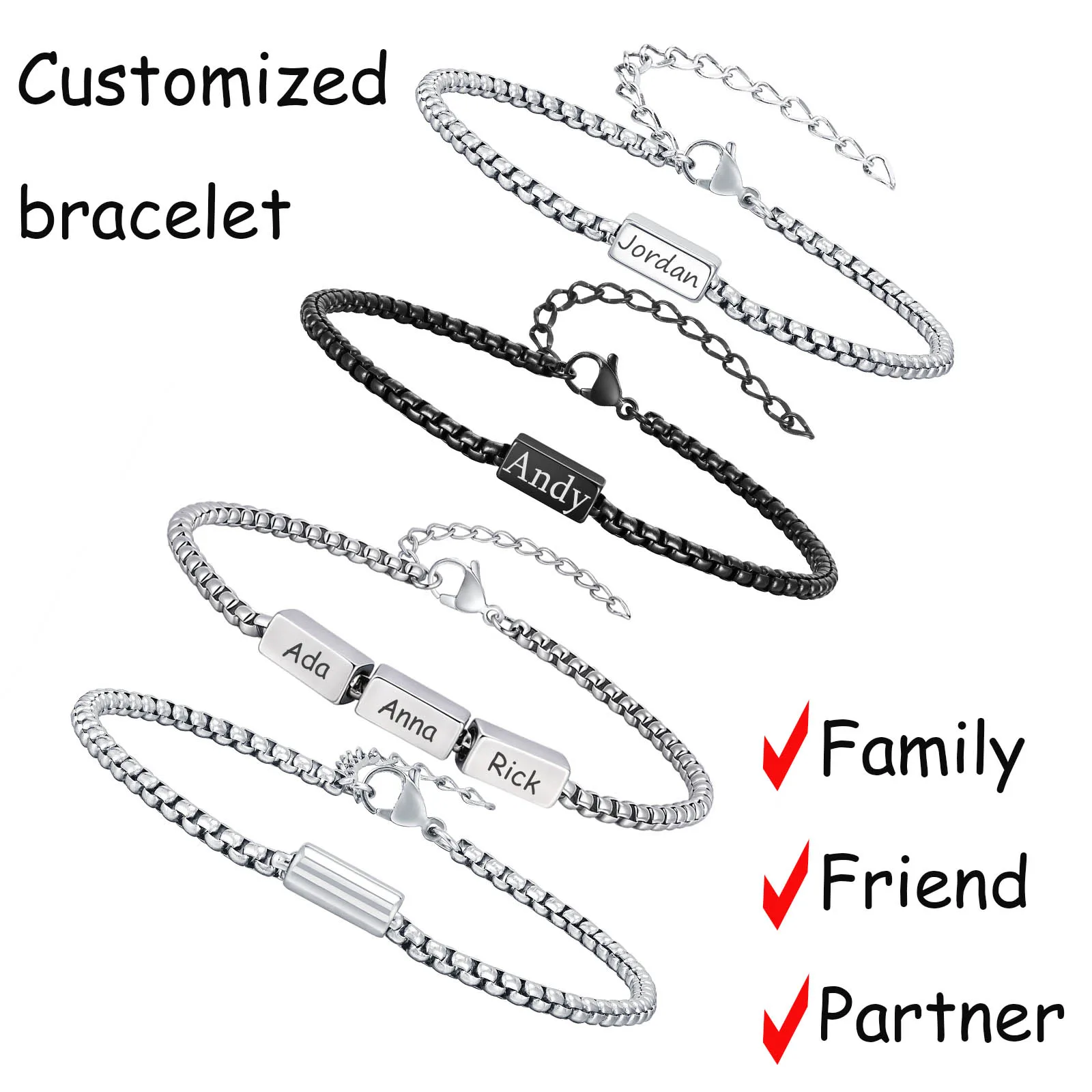 Custom Bracelet Wear-Resistant Corrosion-Proof Layerable Style Engraved Name/Date Stainless Steel Plaque Gift for Family Friends