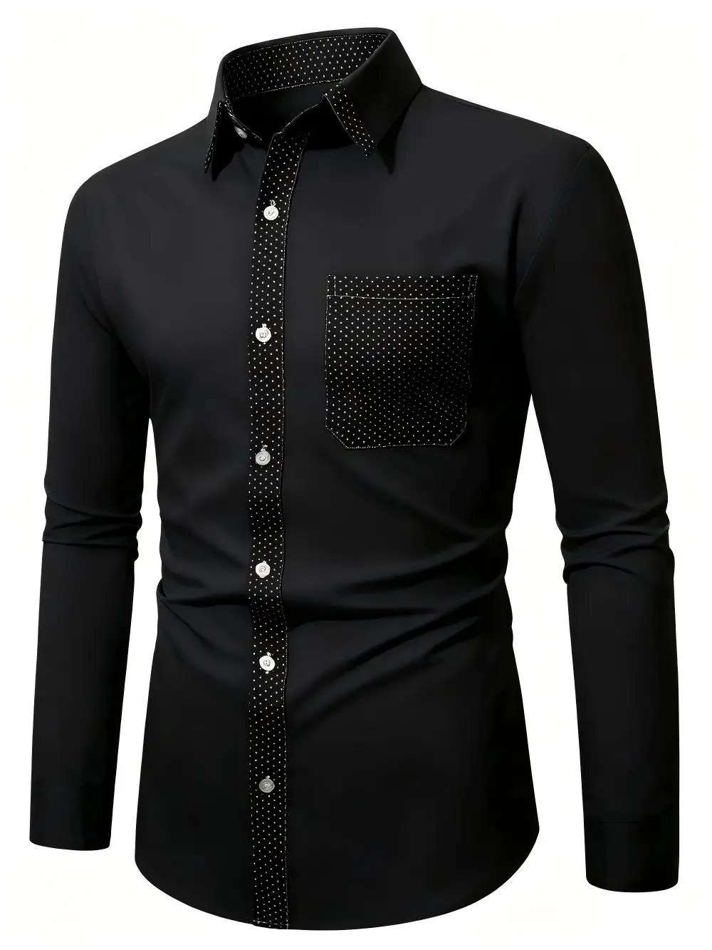 Casual Men Button Up Shirt Polka Dot Contrast Collar Pocket Patchwork Long Sleeve Dress Shirts For Men