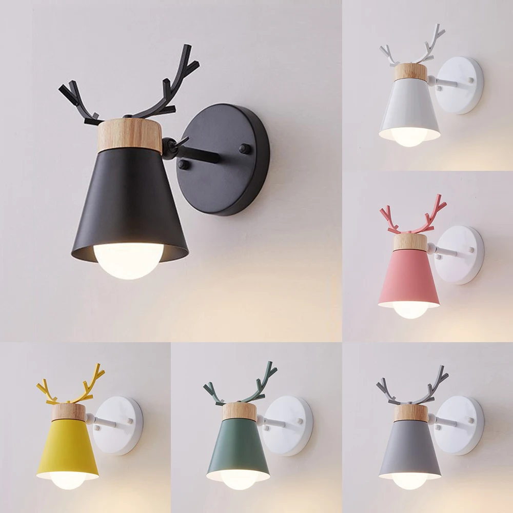 Nordic Adjustable LED Wall Lights Colorful Cartoon Deer Antlers Bedroom Reading Sconce Wall Mounted Children Room Lighting E27