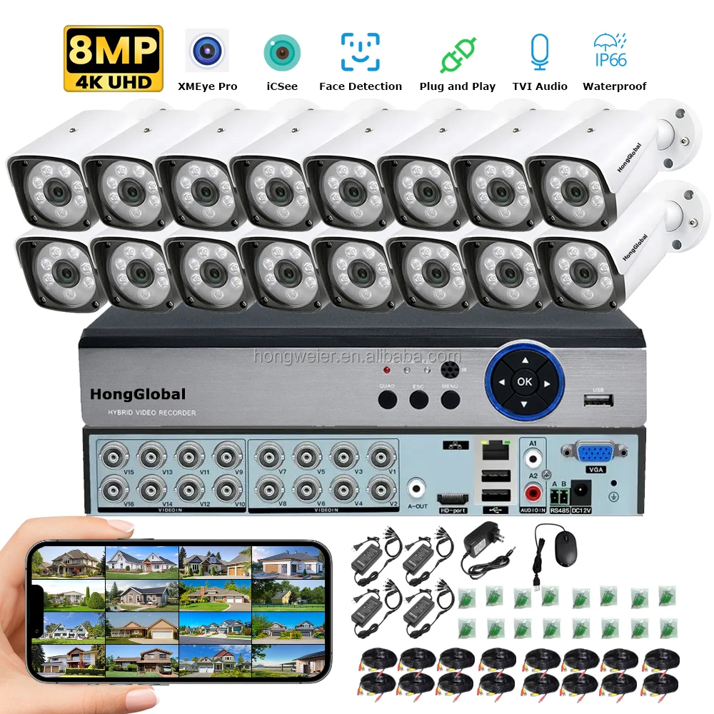 HongGlobal 8MP 16 Channel DVR House AHD Analog Night Vision 4K Security Camera Set Kit Indoor Outdoor Surveil IP CCTV System