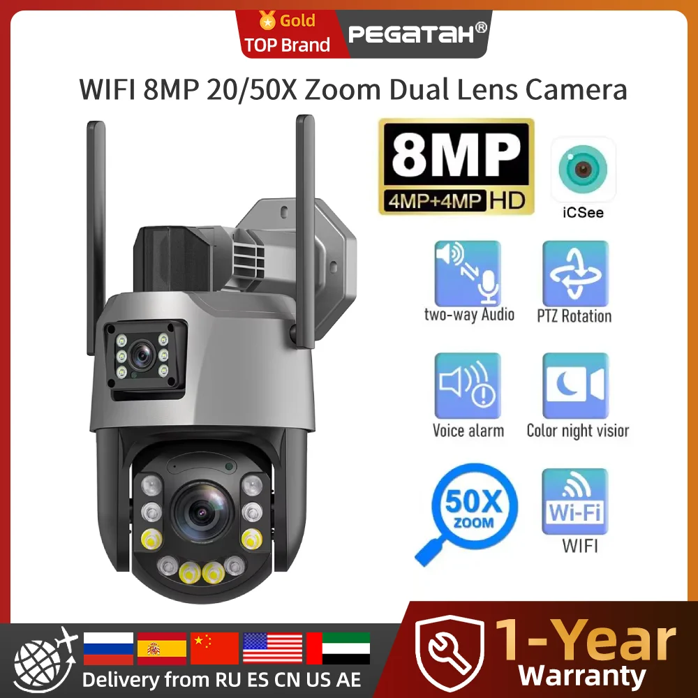 PEGATAH WIFI 8MP 20/50X Zoom PTZ Security Camera Dual Lens 4K Outdoor Surveillance Camera 393ft Ultra Long IR Vision ONVIF ICSEE