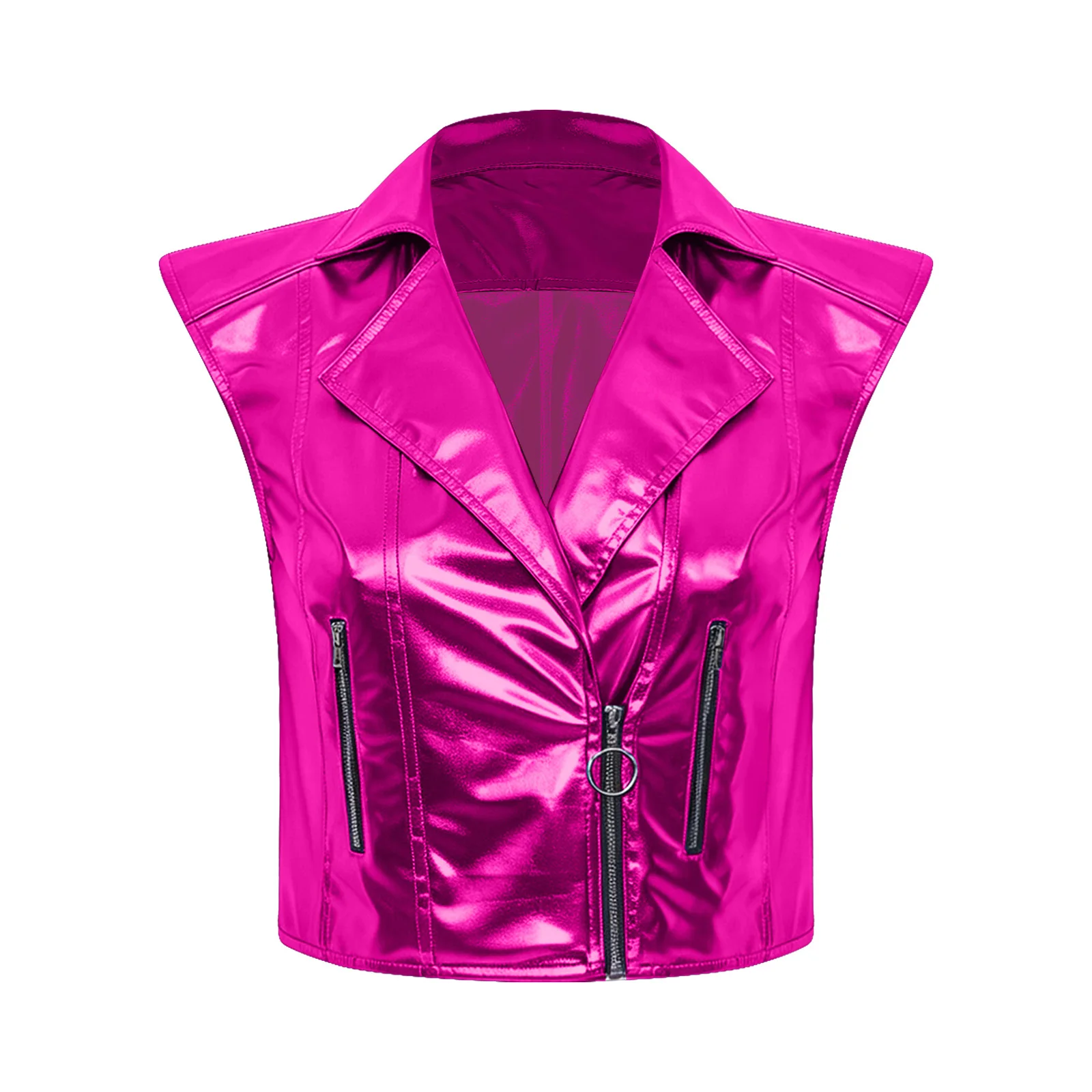 Women Metallic Vest Rave Party Club Clothes Punk Waistcoat Notched Lapel V Neck Front Zipper Sleeveless Jazz Motorcycle Tank Top