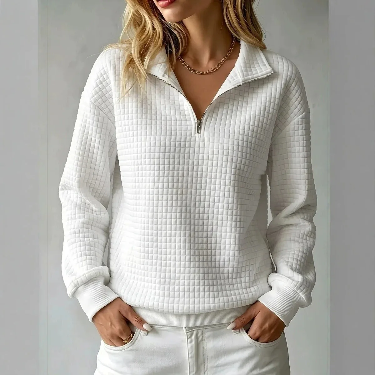 Women Waffle Grid Half Zip Sweatshirt Lapel Long Sleeve Patchwork Loose Pullover Casual Solid Color Autumn New Daily Hoodie Top