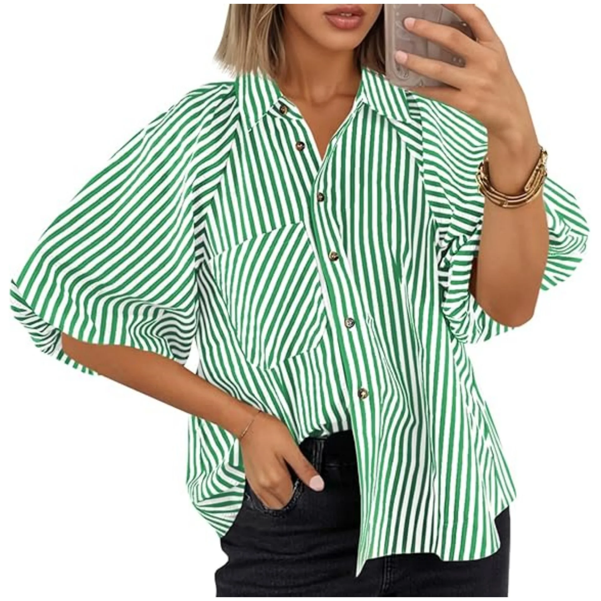 Women's Short Bubble Sleeve Button-Up Cardigan Shirt Striped Fashion Casual Loose Shirt Lapel Pocket Top Women