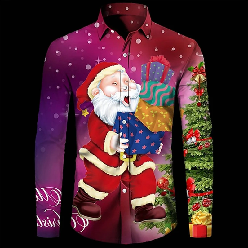 New Men's Long Sleeve Shirt 3D Cute Santa Claus Printed Pattern Suit T Shirt Tops Street Men's New Year Lapel Large Size Shirt