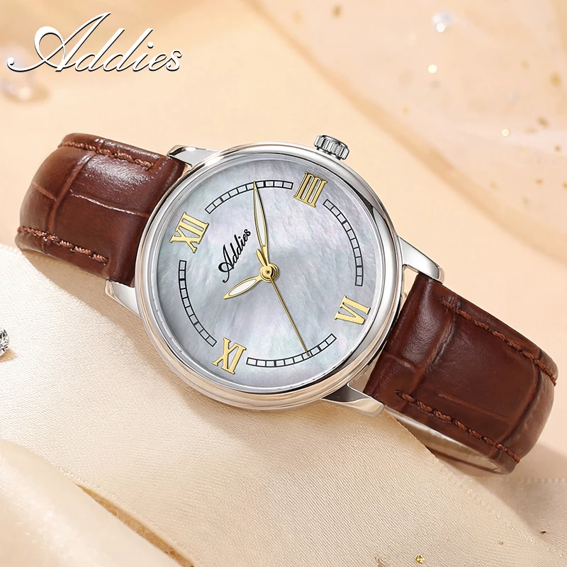 ADDIES Women Luxury Quartz Watch 31mm Sapphire Crystal Mother of Pearl Dial Brown Leather 50M Waterproof Ladies Dress Wristwatch