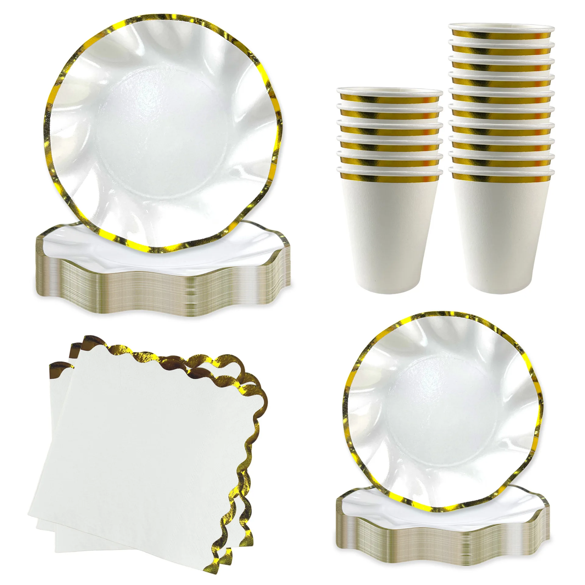 New White Gold Edged Disposable Tableware Set Plates Napkin Suitable for Wedding Parties Birthday Parties Adult Party Decoration