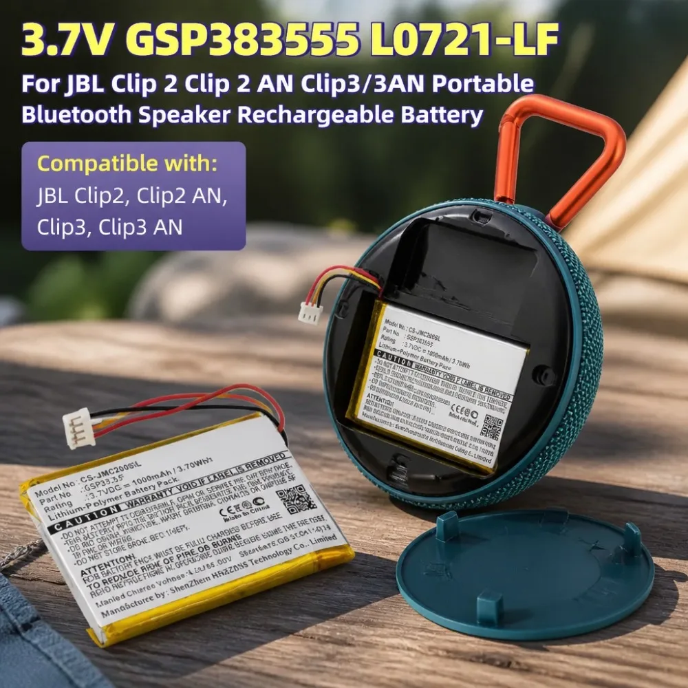 New GSP383555 L0721-LF 800/1000mAh Li-Po Battery Replacement For JBL Clip 2 Clip 2AN Clip3 Clip3AN Portable Bluetooth Speaker