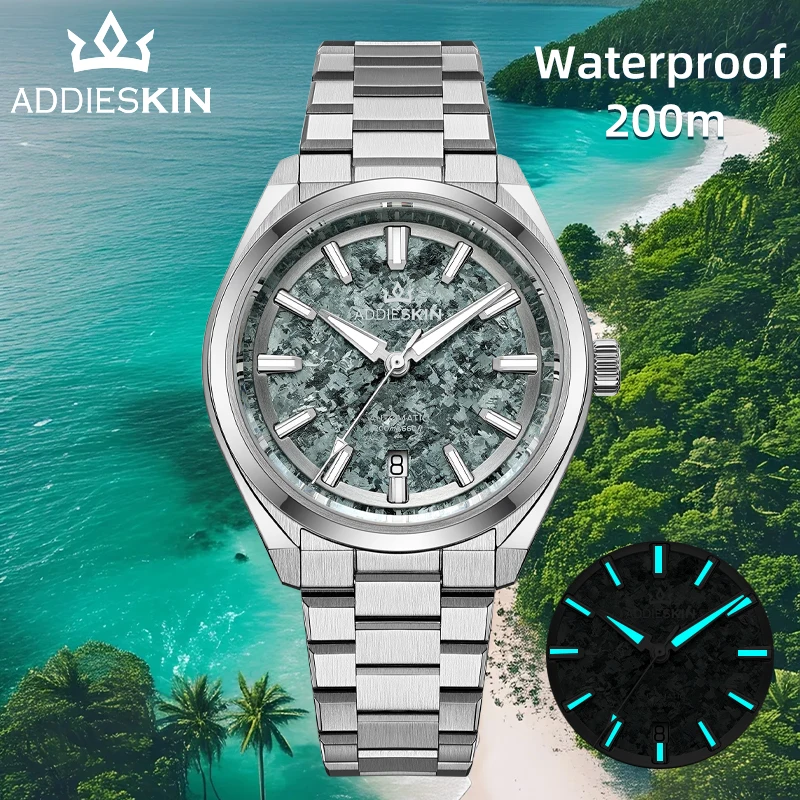 AddiesKin K006 Ice Crack Titanium Watch Green Dial Miyota 9015 Auto Sapphire Crystal 200m Diver BGW9 Luminous Men's Dress Watch