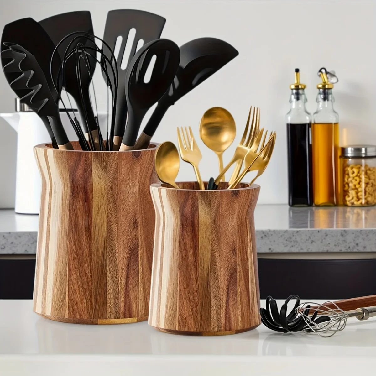 Wood Utensil Holder 360° Rotating Kitchen Chopstick Cage Wooden Storage Holders Cutlery Storage Shelf Kitchen Accessories