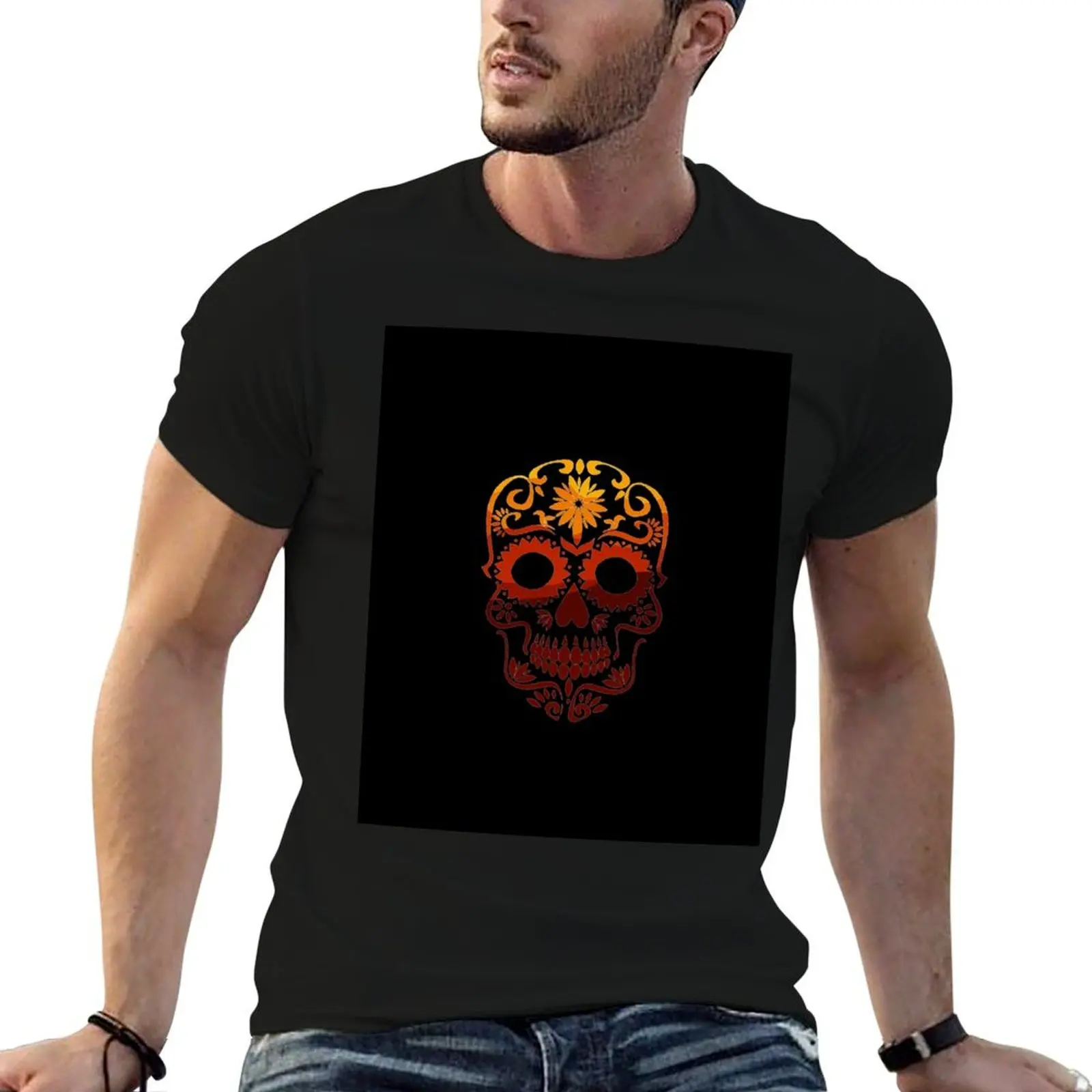 Red Gradient Sugar Skull T-Shirt No Iron Casual Short Sleeve Top