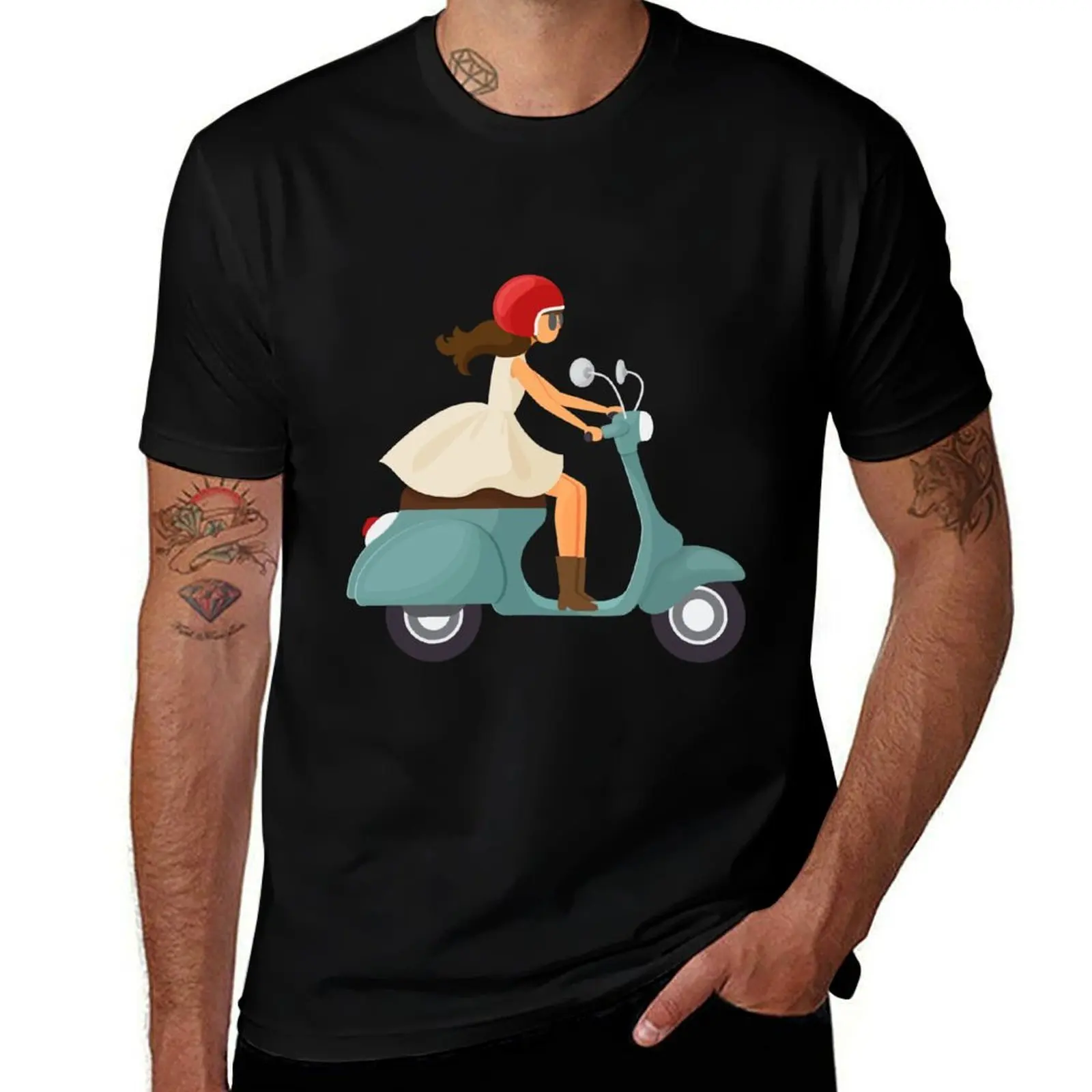 Cute Girl On A Scooter T-Shirt Simple Line Art Print Tee T-Shirt