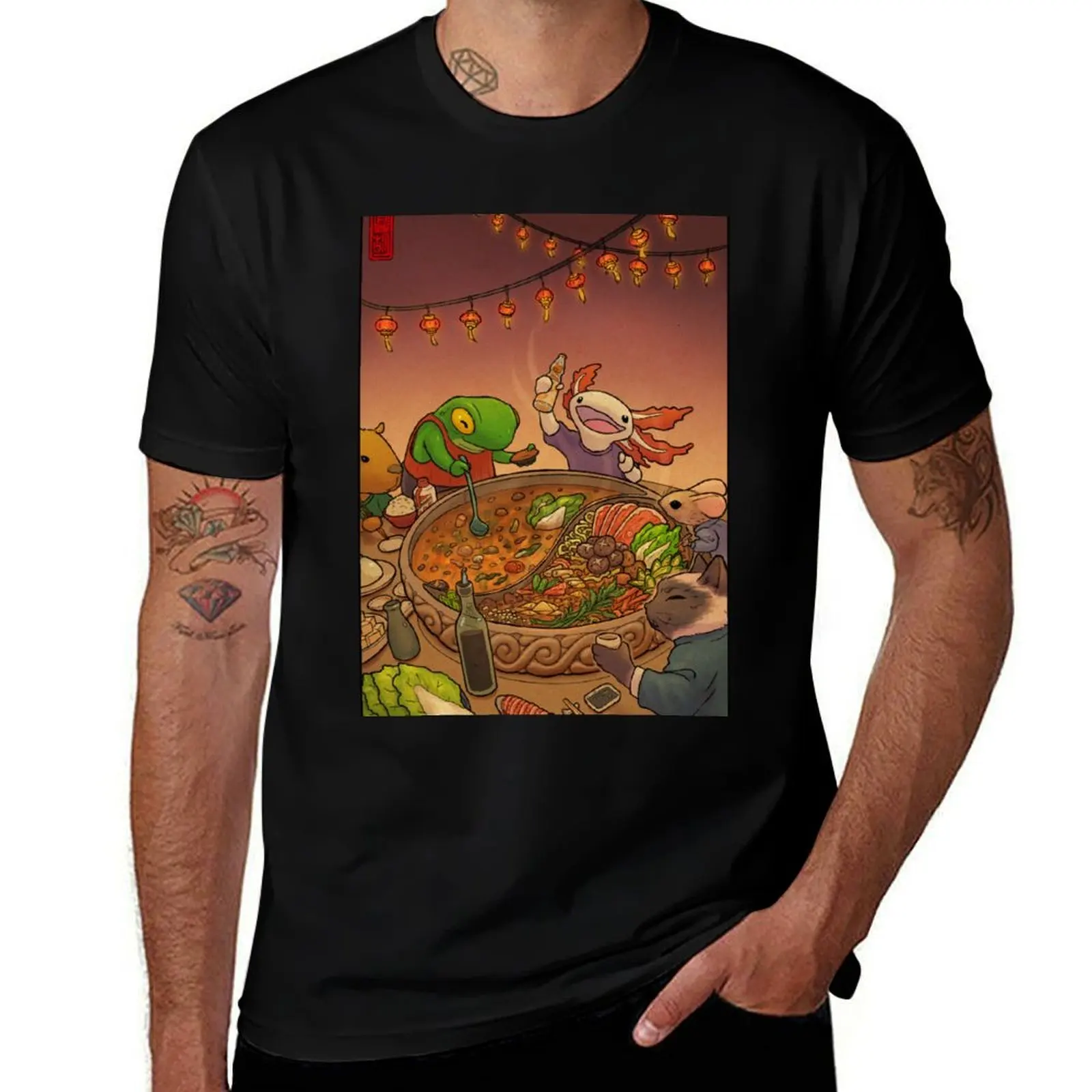 Asian Hotpot Night with Cute Frog, Axolotl, Cat, Mouse, and Capybara T-Shirt t shirts with prints T-Shirt