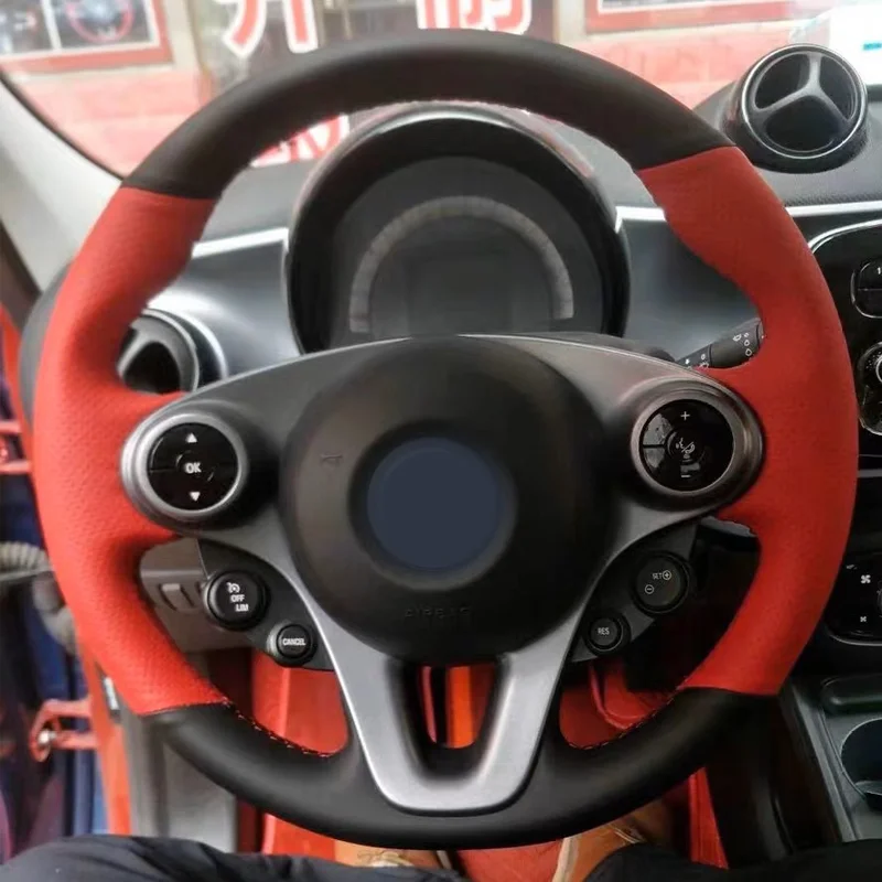 Customize Black Leather Car Steering Wheel Cover Anti-Slip Steering Wheel Braid Car Accessories For Smart Forfour Auto Interior