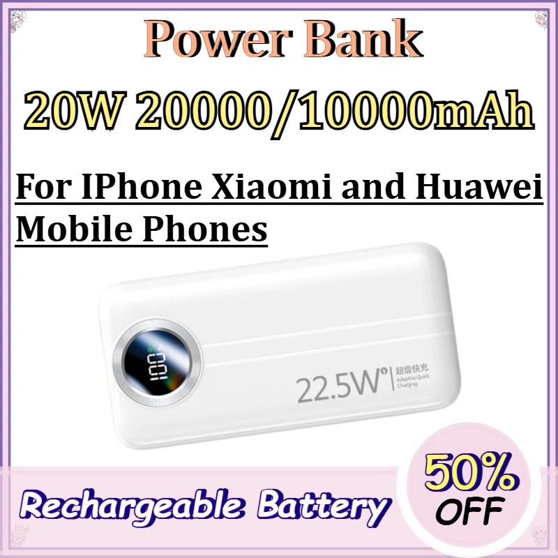20W 20000/10000mAh Power Bank for IPhone Xiaomi and Huawei Mobile Phones Portable High-Capacity PowerBank