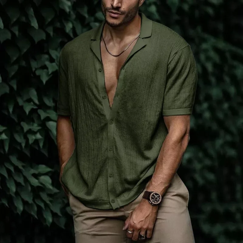 2026 Summer Men's Solid Color Soft Fabric Short Sleeve Lapel Top Simple Casual Shirt