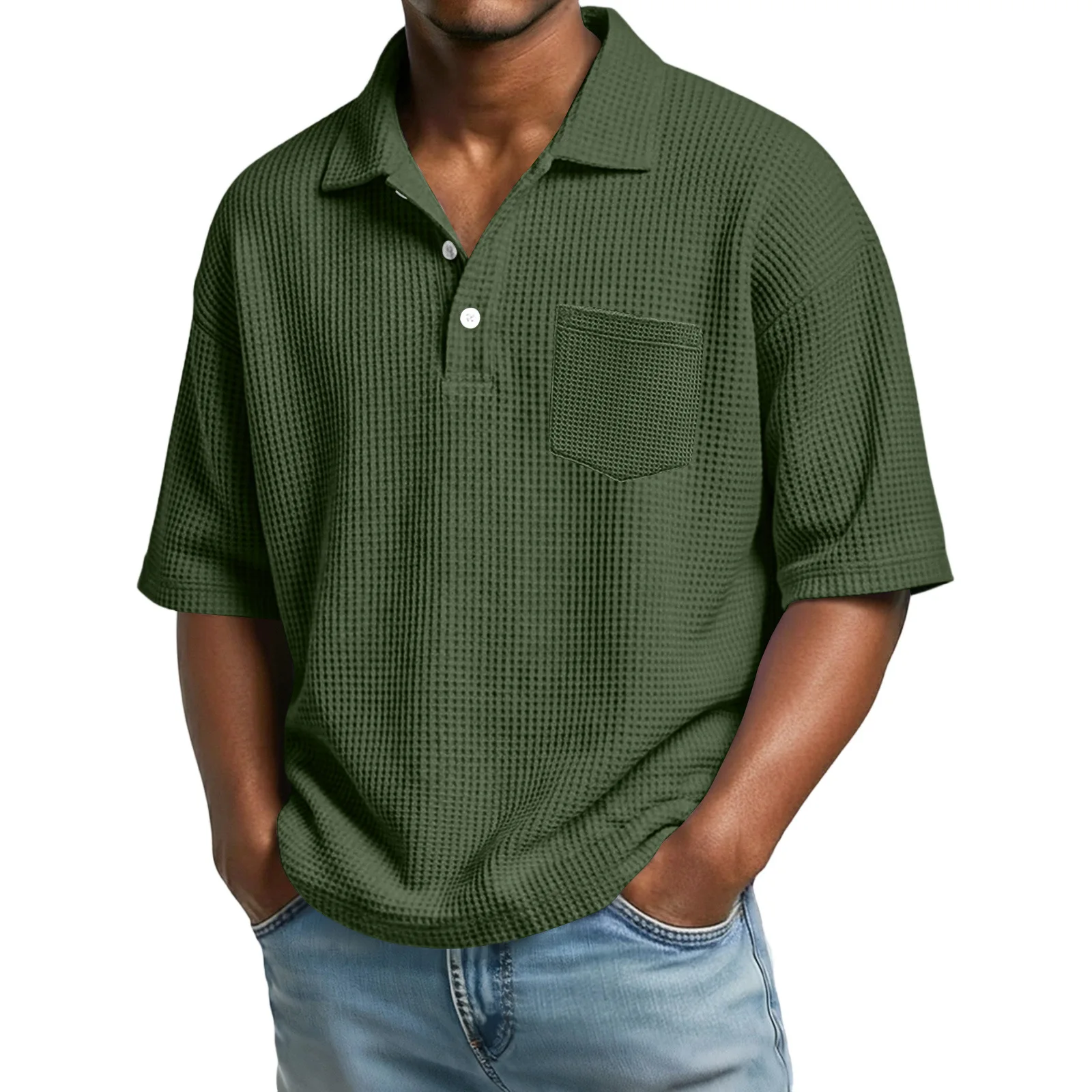 Spring and Summer Men's Waffle Solid Color Short-sleeved Lapel Polo Shirt Fashionable Casual Simple T-shirt
