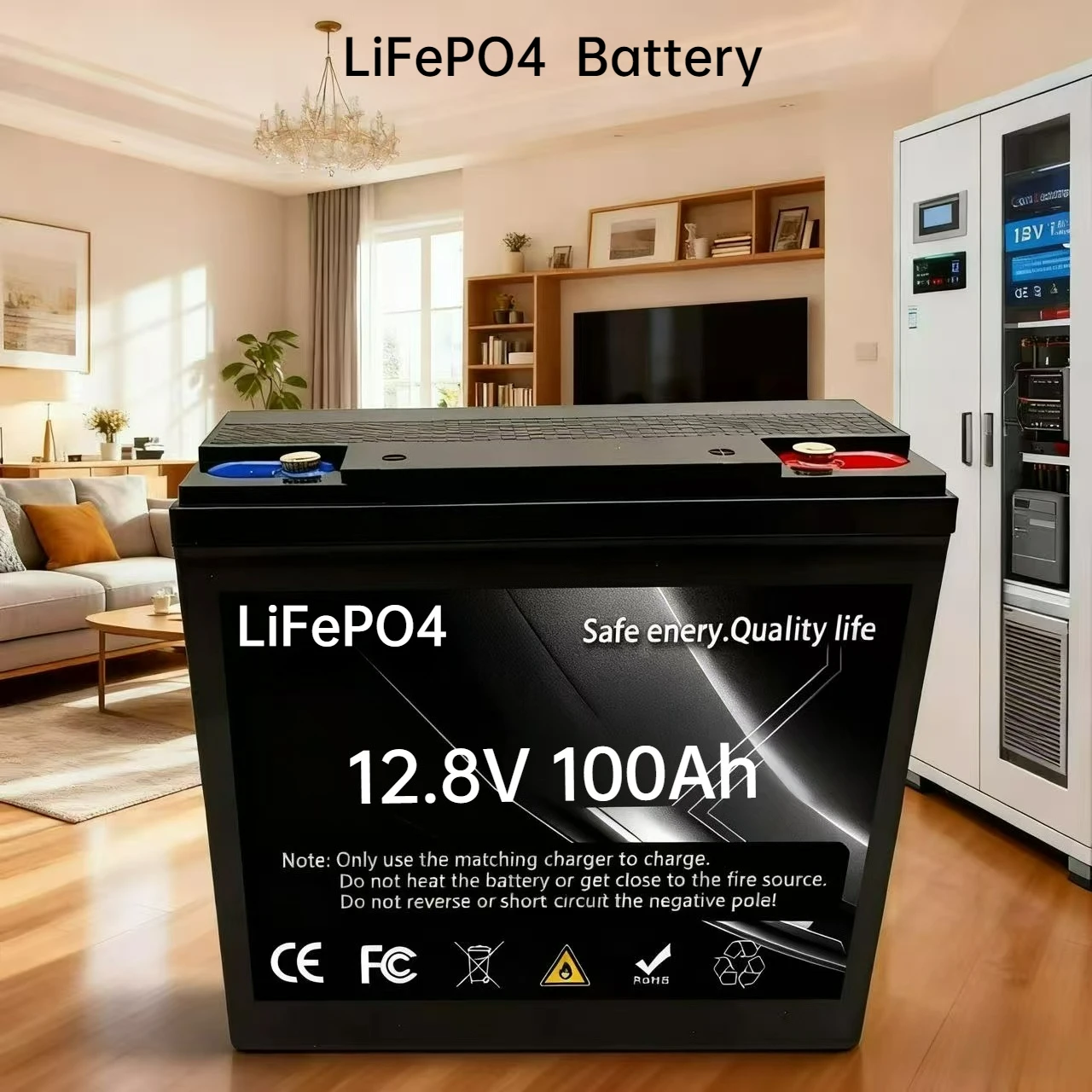 12.8V LiFePO4 Lithium Battery 100Ah Capacity Built-in 200A BMS 6000 Deep Cycles Perfect for Camping Solar Home Backup