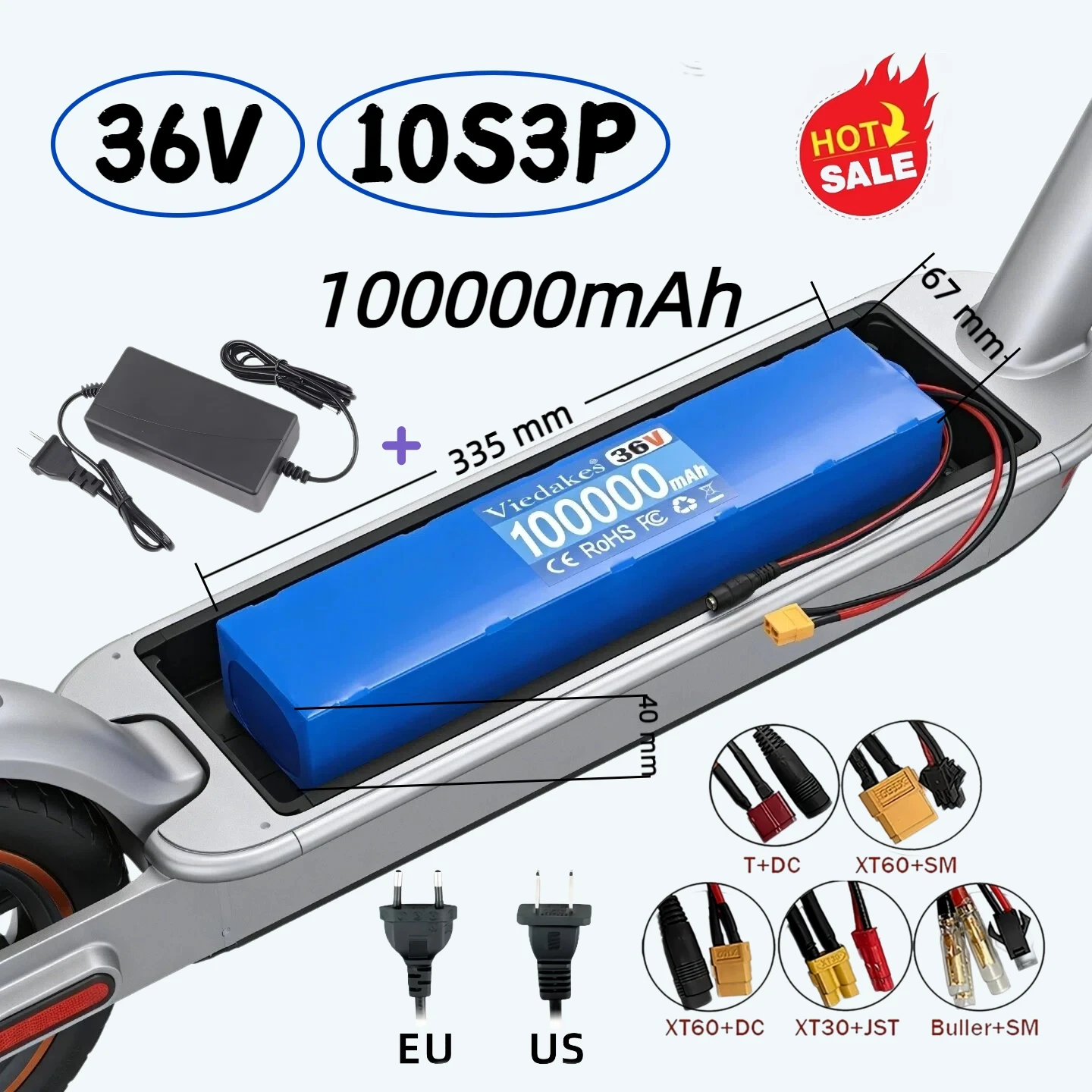 10S3P 36V 100A Electric Scooter Lithium Battery Pack Built-in BMS with Charger for M365 18650 Rechargeable High Efficiency