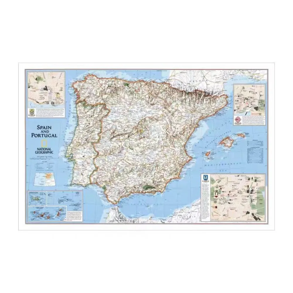 Portugal and Spain Map Wall Art Posters Home Decoration Prints High-quality Cotton Canvas Painting For WALL, Gift for Traveler