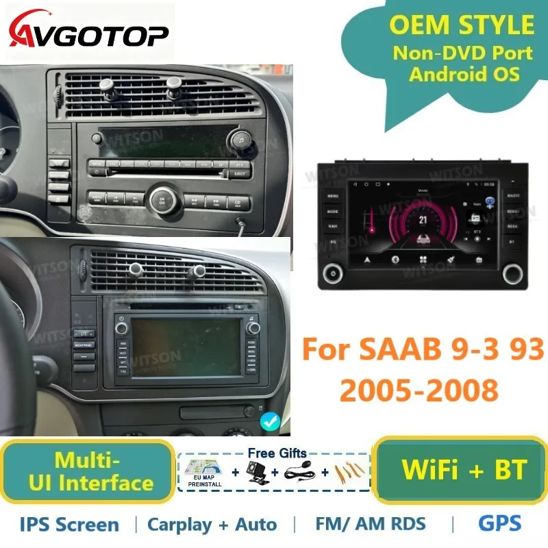 AVGOTOP Android Car Raido for SAAB 9-3 93 2007-2012 Multimedia GPS WiFi Auido Vehicle Head Unit Carplay RDS Auto Stereo