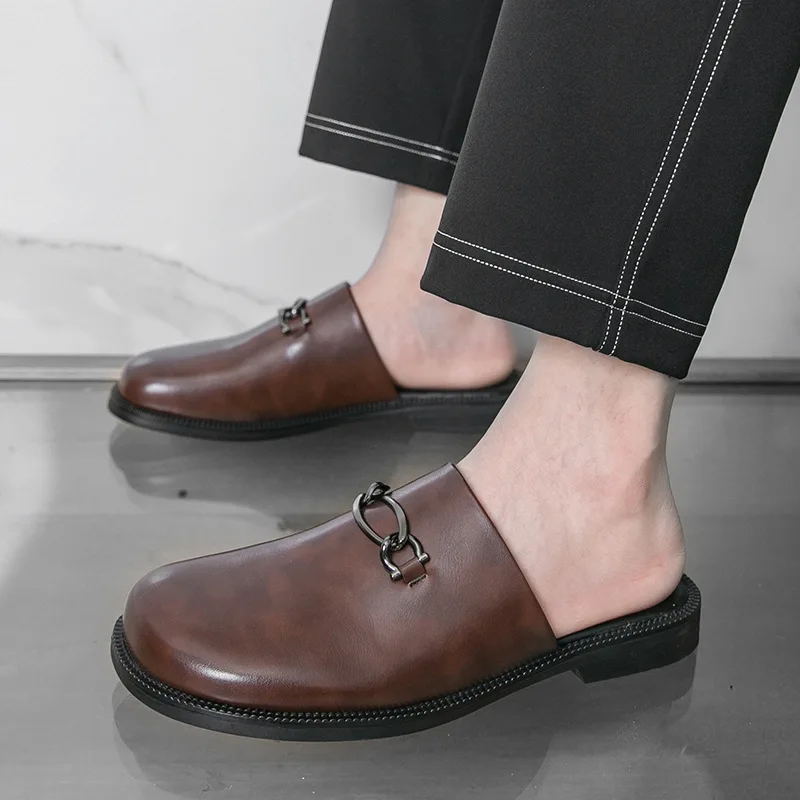 Men's Summer Slip-On Big Toe Leather Shoes, Large Size Business Casual Loafers, Half Back Mule Office Daily Dress Shoes for Men