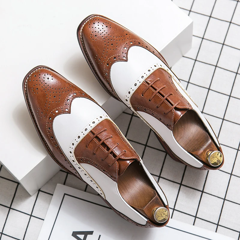 Spring New Men Brogue Oxfords Color Block Carved Business Formal Shoes Trendy Versatile Large Size Leather