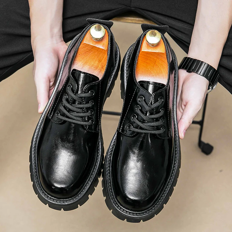 Black Derby Shoes Men PU Solid Color Lacing Thick Sole Comfortable Classic Business Dress Shoes Men Large 38-46