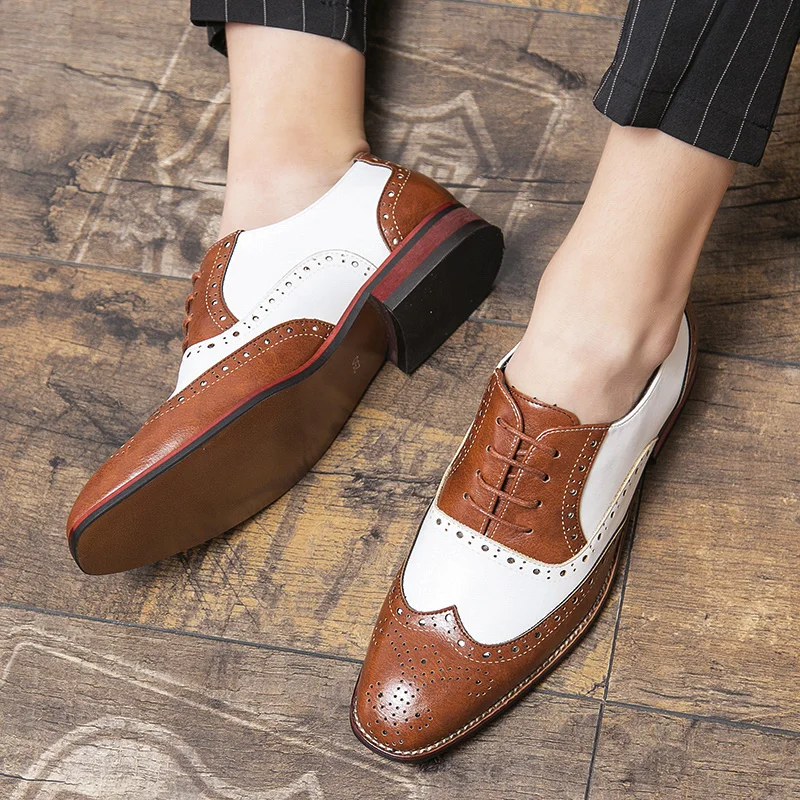 Spring New Men Brogue Oxfords Color Block Carved Business Formal Shoes Trendy Versatile Large Size Leather