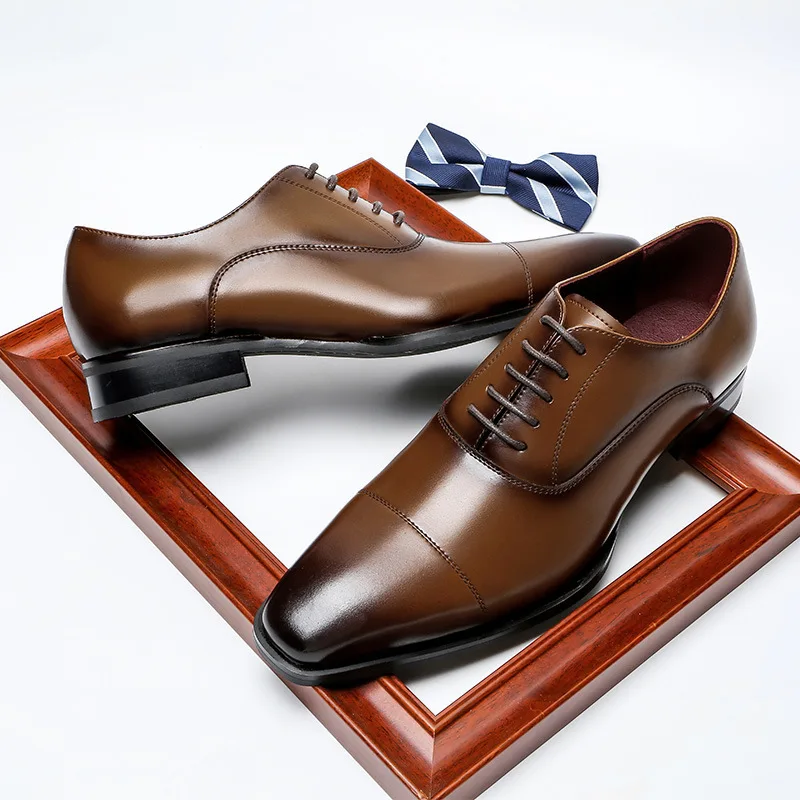 Men's Fashion Business Dress Shoes Large Size Business Formal Genuine Wedding Commuting Three-joint Square-toed Men's Leather